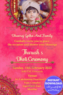 A Festive Pink Theme Invitation Card With Multicolored Mandala Design For A Grand Dhoti Function