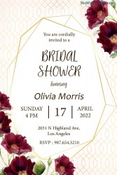 A Floral Invitation Card For Bridal Shower With Red Petunia Flowers And Gold Accents
