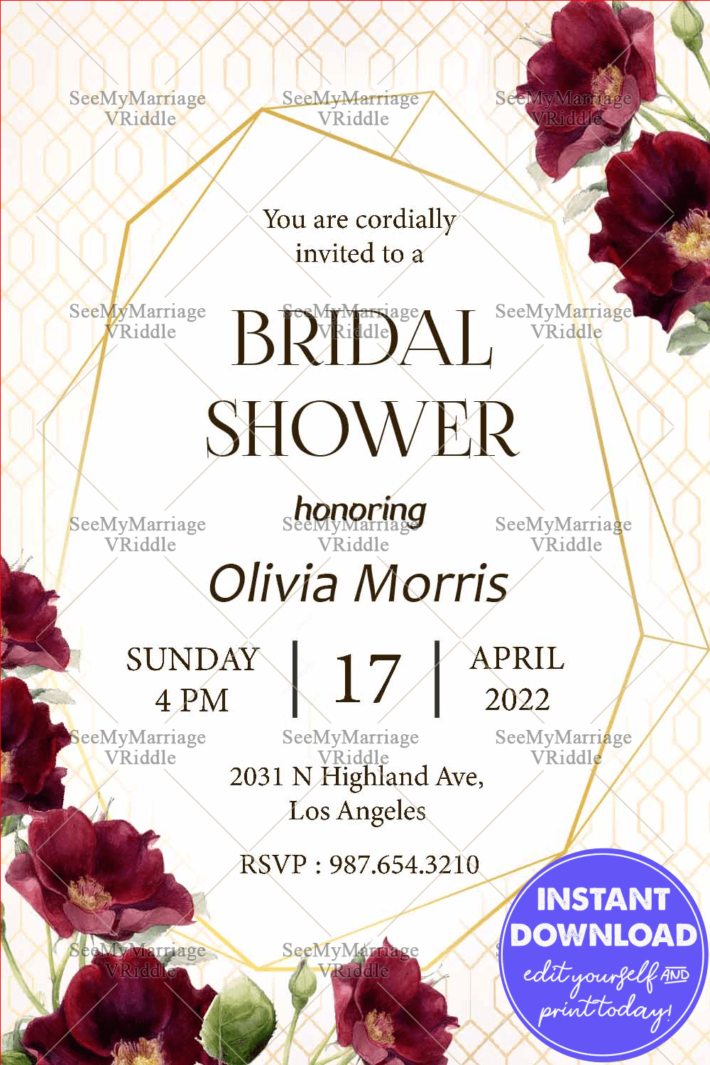 A Floral Invitation Card For Bridal Shower With Red Petunia Flowers And Gold Accents