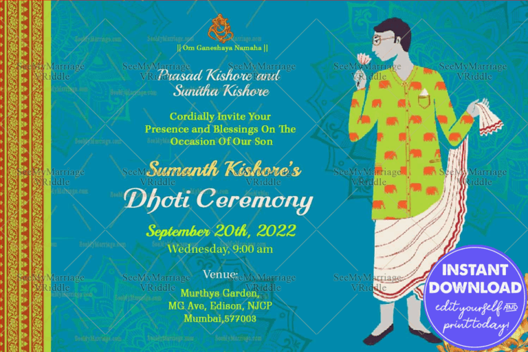 A Fun Blue Theme Invitation Card For Dhoti Function With Golden Mandalas And A Toony Boy Holding A Pink Lotus