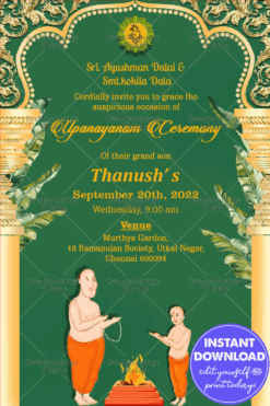 A Green Theme Traditional Invitation Card For Upanayanam Ceremony With Golden Temple Arch