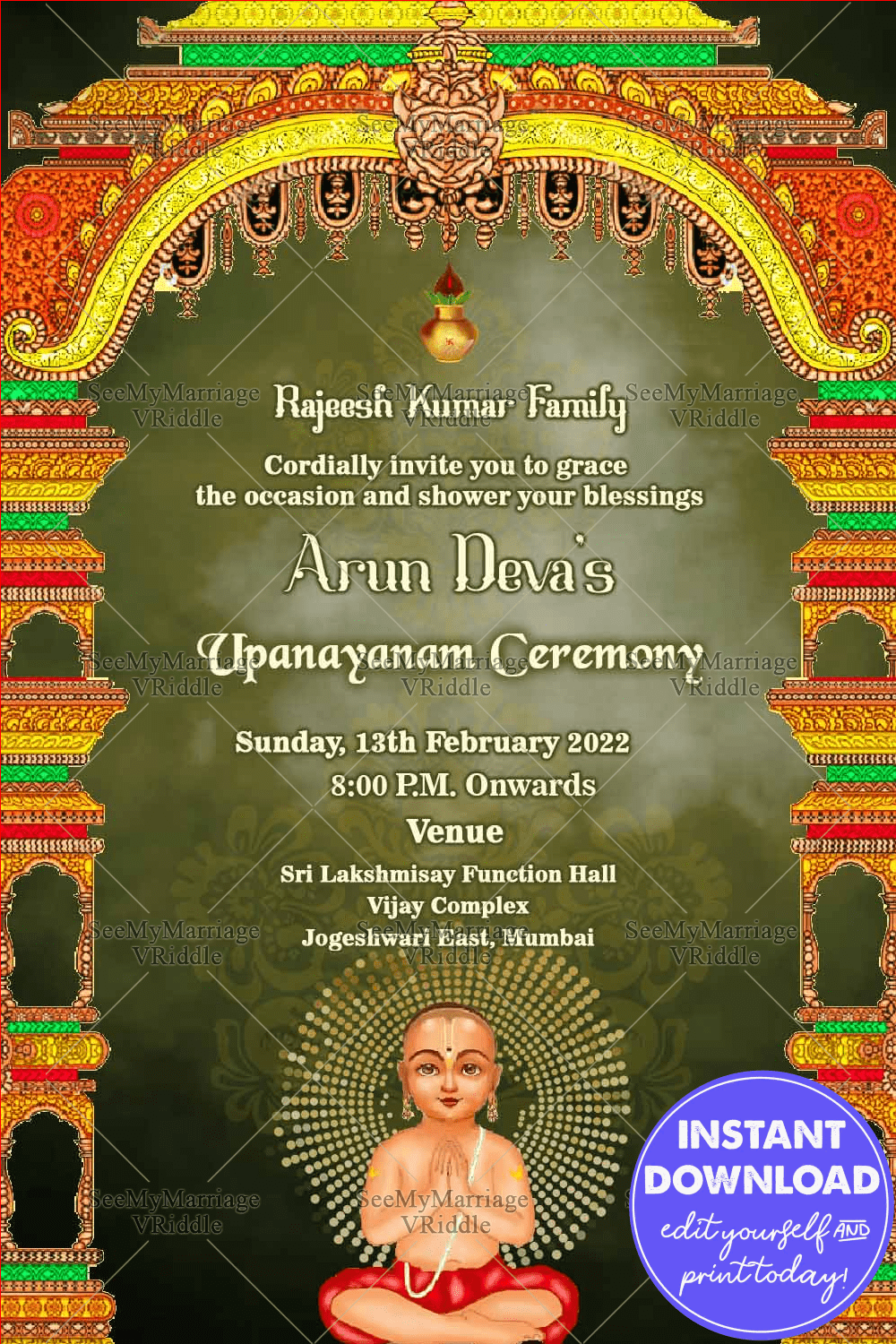 A Green Theme Traditional Upanayanam Ceremony Invitation Card With A Boy Sitting Under A Beautiful And Intricate Mandap