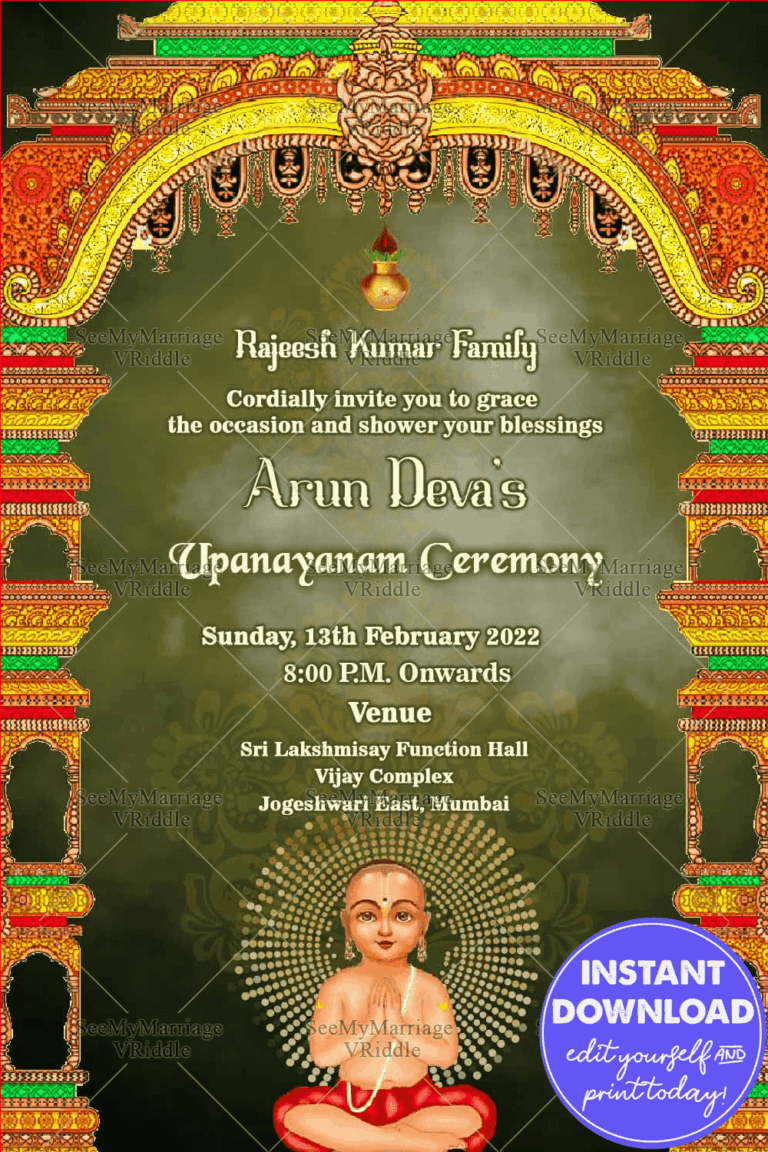 A Green Theme Traditional Upanayanam Ceremony Invitation Card With A Boy Sitting Under A Beautiful And Intricate Mandap