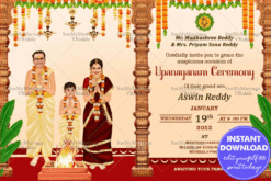 A Happy Family Invitation For A Traditional Upanayanam Ceremony With Caricature Of Mom Dad And Son