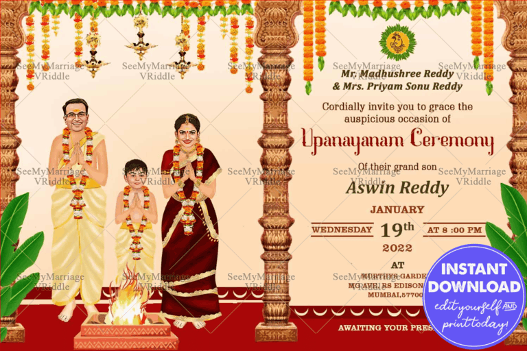 A Happy Family Invitation For A Traditional Upanayanam Ceremony With Caricature Of Mom Dad And Son