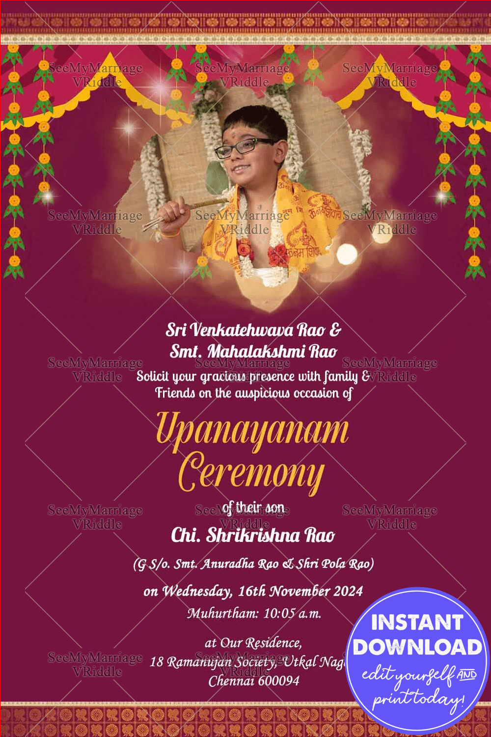 A Magenta Theme Invitation Card For Upanayanam Ceremony With Traditional Marigold Toran And Photo Of The Boy