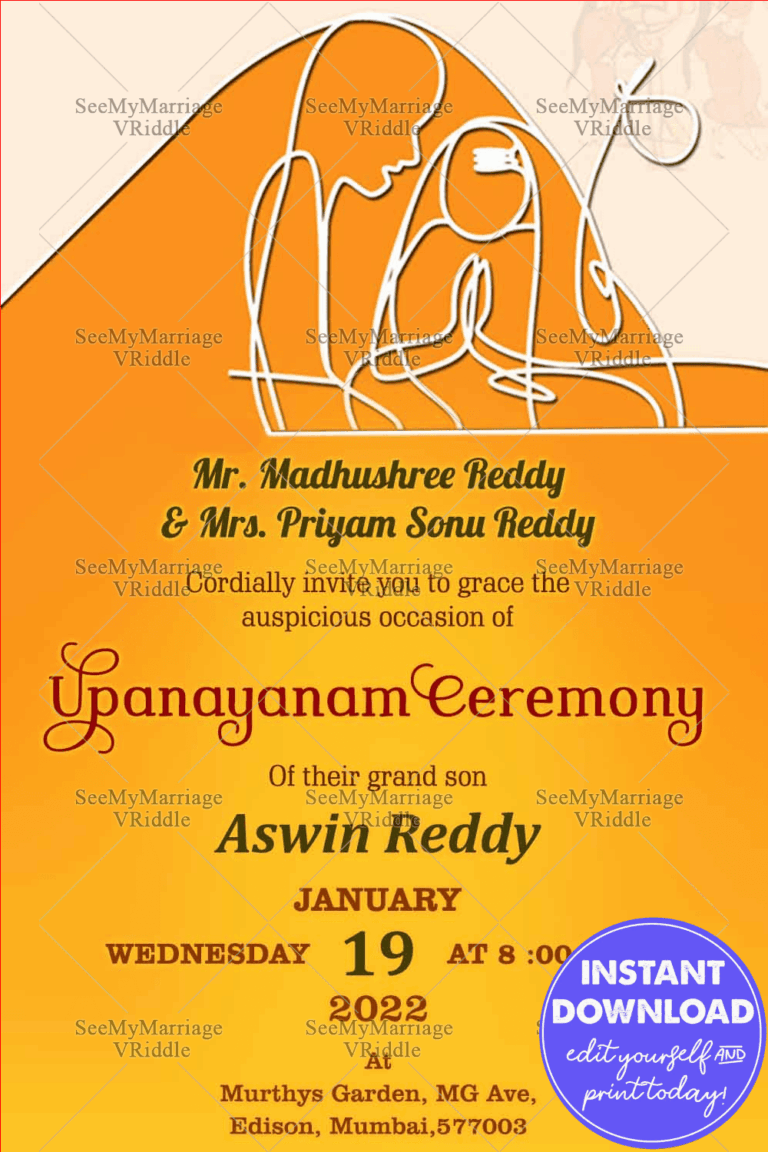 A Modern Artsy Invitation Card For A Traditional Upanayanam Ceremony In Yellow Theme
