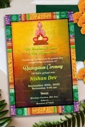 A Multicoloured Invitation Card For Traditional Upanayanam Ceremony With Vintage Painted Wooden Frame