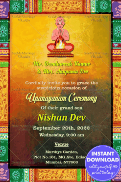 A Multicoloured Invitation Card For Traditional Upanayanam Ceremony With Vintage Painted Wooden Frame