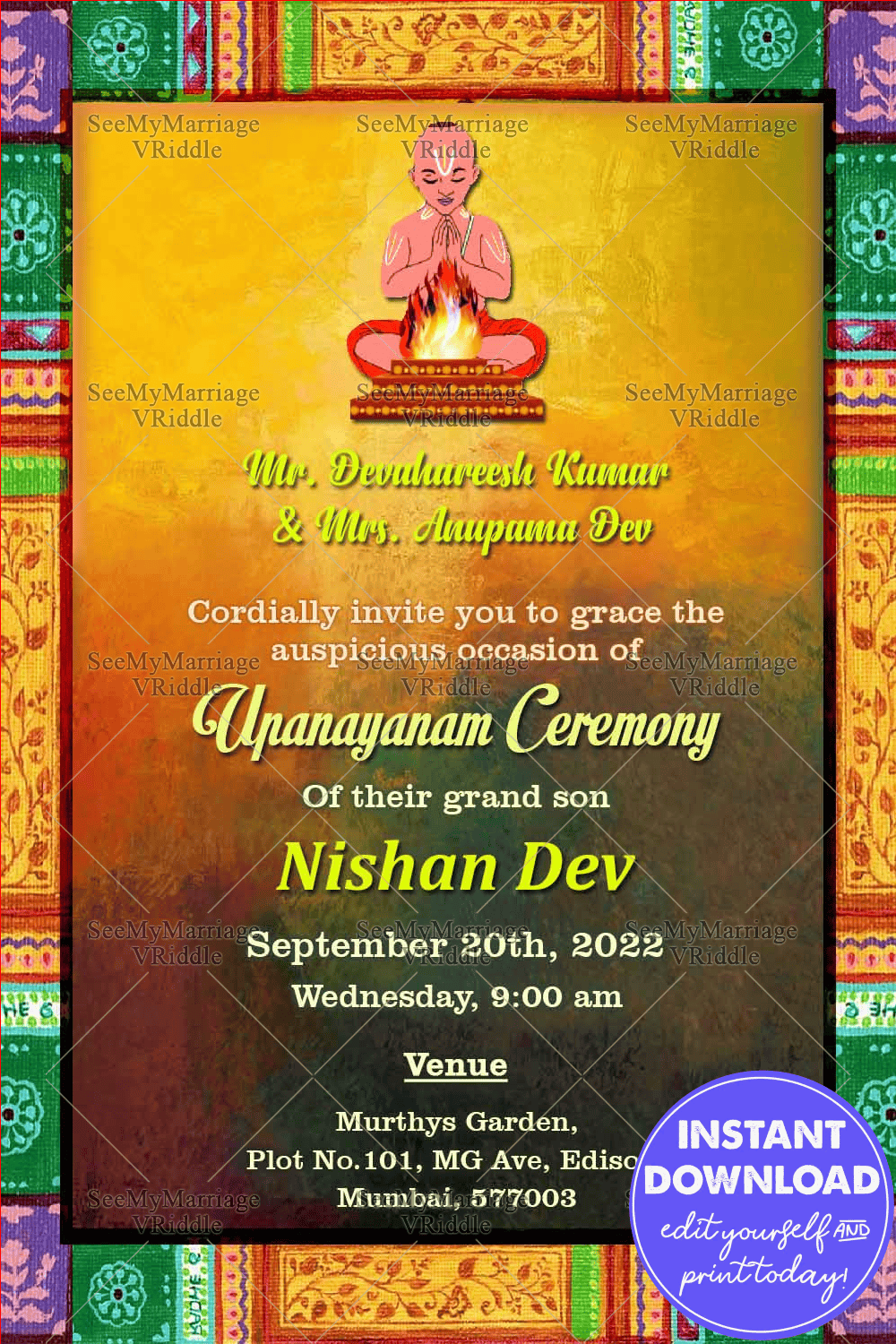 A Multicoloured Invitation Card For Traditional Upanayanam Ceremony With Vintage Painted Wooden Frame