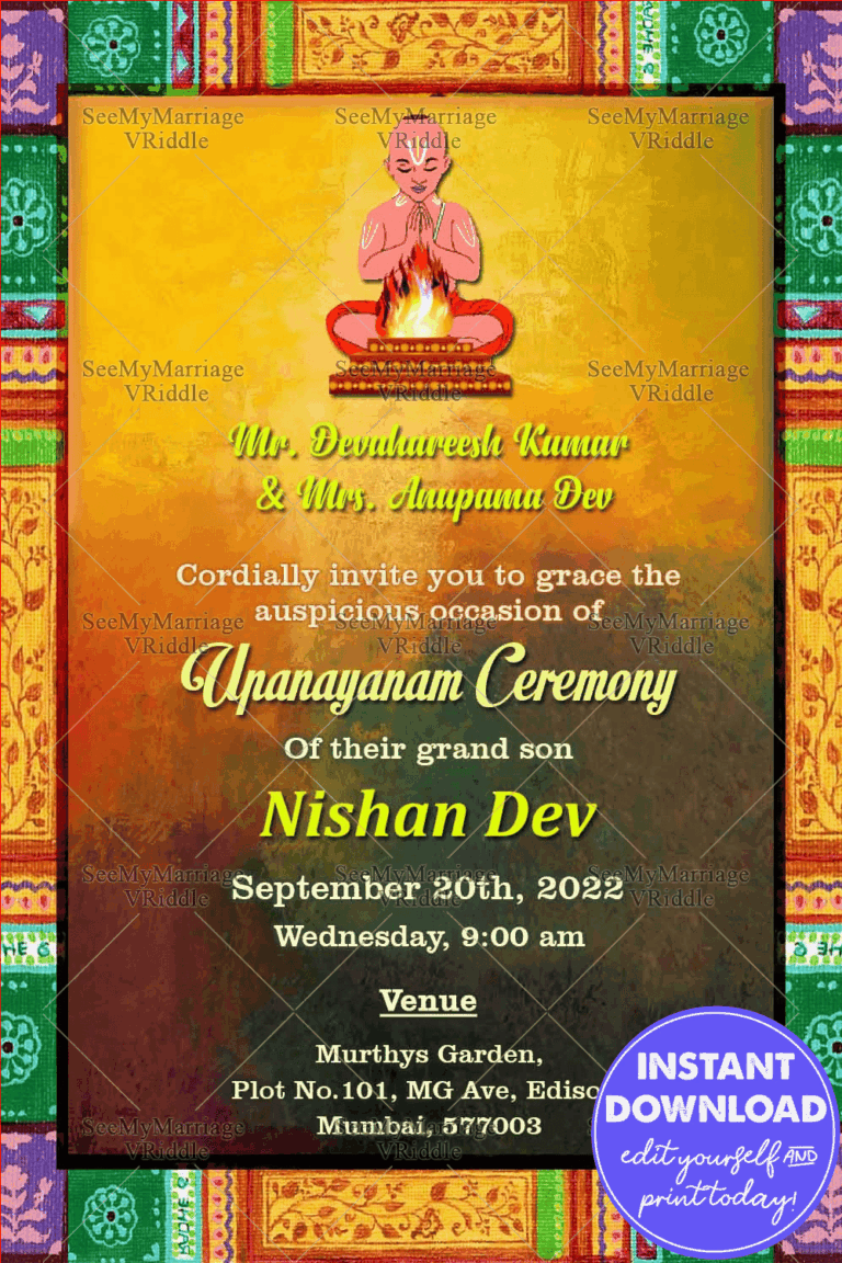 A Multicoloured Invitation Card For Traditional Upanayanam Ceremony With Vintage Painted Wooden Frame