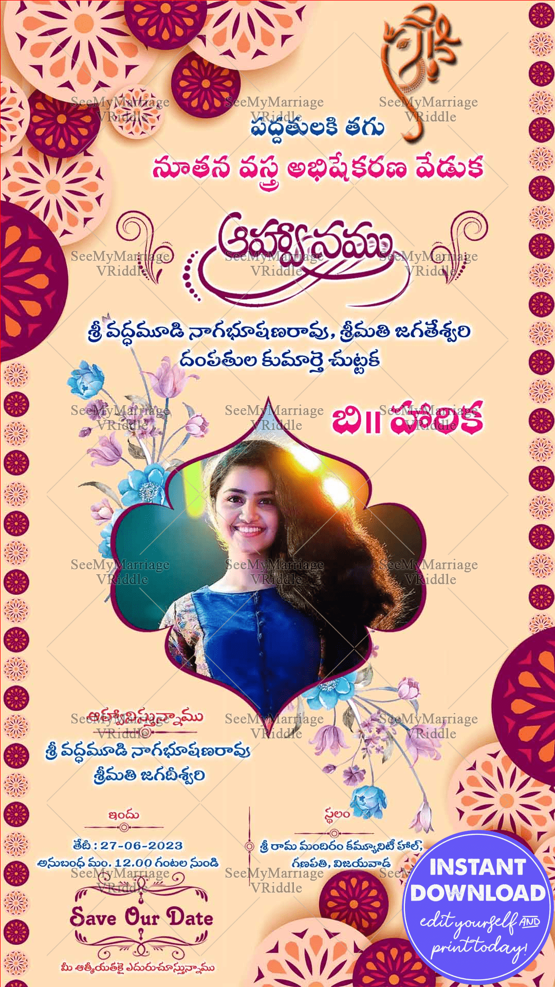 A Peach Theme Floral Invitation Card For A Traditional Voni Function With Unique Circular Rangoli Designs