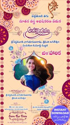 A Peach Theme Floral Invitation Card For A Traditional Voni Function With Unique Circular Rangoli Designs