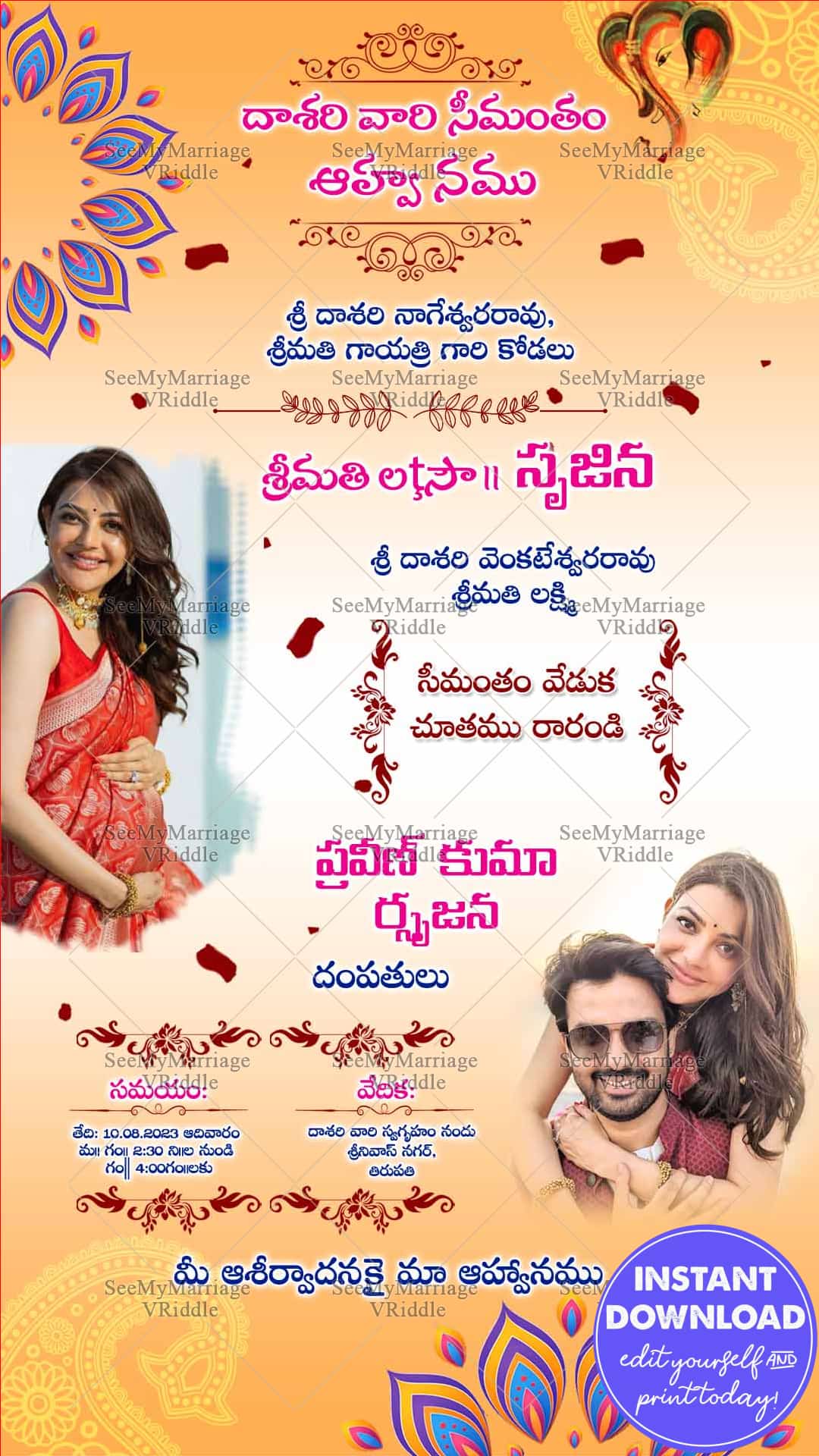 A Peachy Pink Telugu Invitation For Seemantham Ceremony With Pictures Of Parents To Be