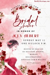 A Romantic Red Floral Theme Bridal Shower Invitation Card With The Image of A Bride In Red