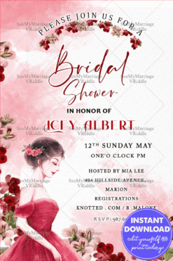 A Romantic Red Floral Theme Bridal Shower Invitation Card With The Image of A Bride In Red