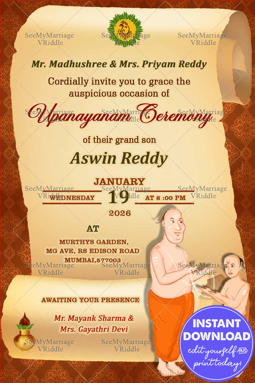 A Scroll Style Invitation Card For Upanayanam Ceremony With Cartoon Of Boy Receiving The Thread And Brahamopadesham From Father