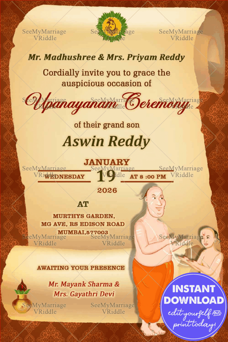 A Scroll Style Invitation Card For Upanayanam Ceremony With Cartoon Of Boy Receiving The Thread And Brahamopadesham From Father