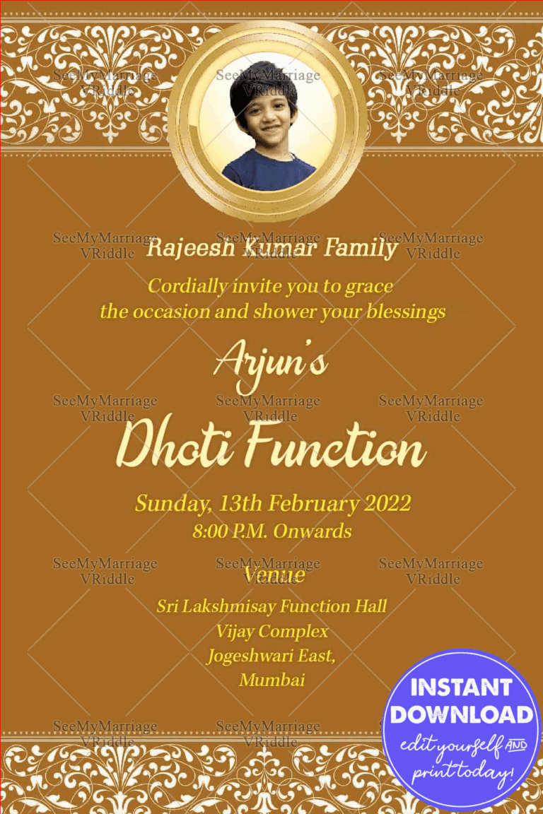 A Simple Brown Theme Invitation Card For Panchala Function With Image Of The Boy In A Golden Frame