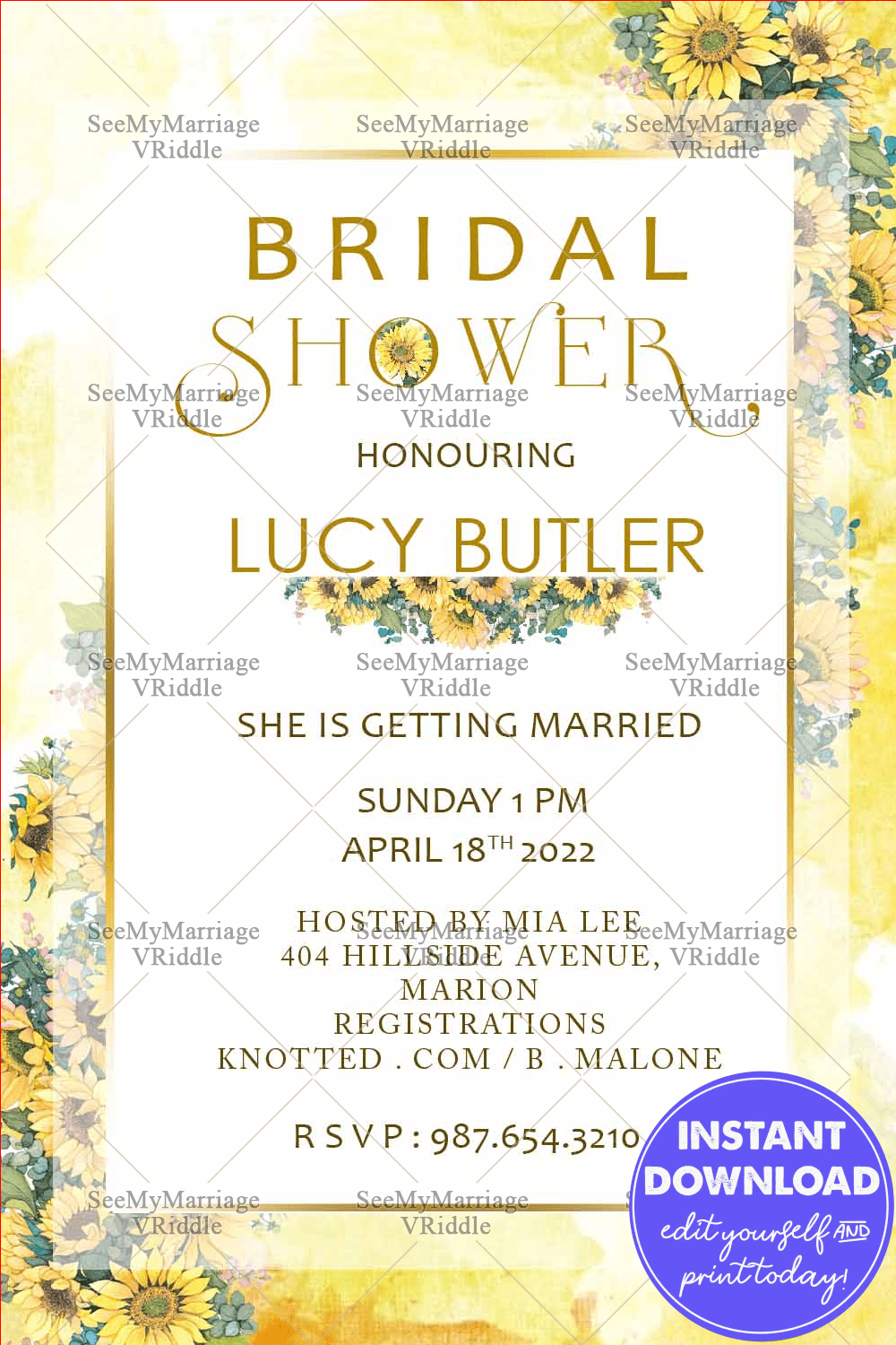 A Sunny English Bridal Shower Invitation Card In Yellow Theme With Sunflowers And Golden Accents