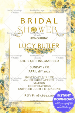 A Sunny English Bridal Shower Invitation Card In Yellow Theme With Sunflowers And Golden Accents
