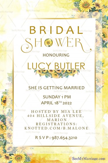A Sunny English Bridal Shower Invitation Card In Yellow Theme With Sunflowers And Golden Accents