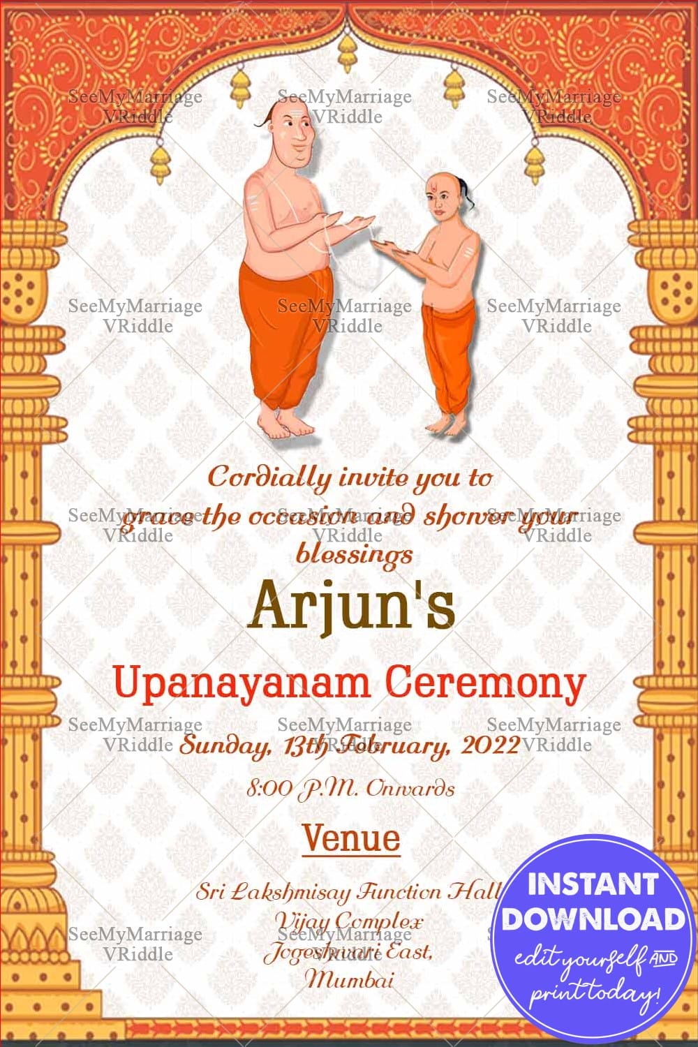 A Traditional Invitation Card For Upanayanam Ceremony In Cream Theme With Image Of Father And Son Performing The Ritual Under A Temple Arch
