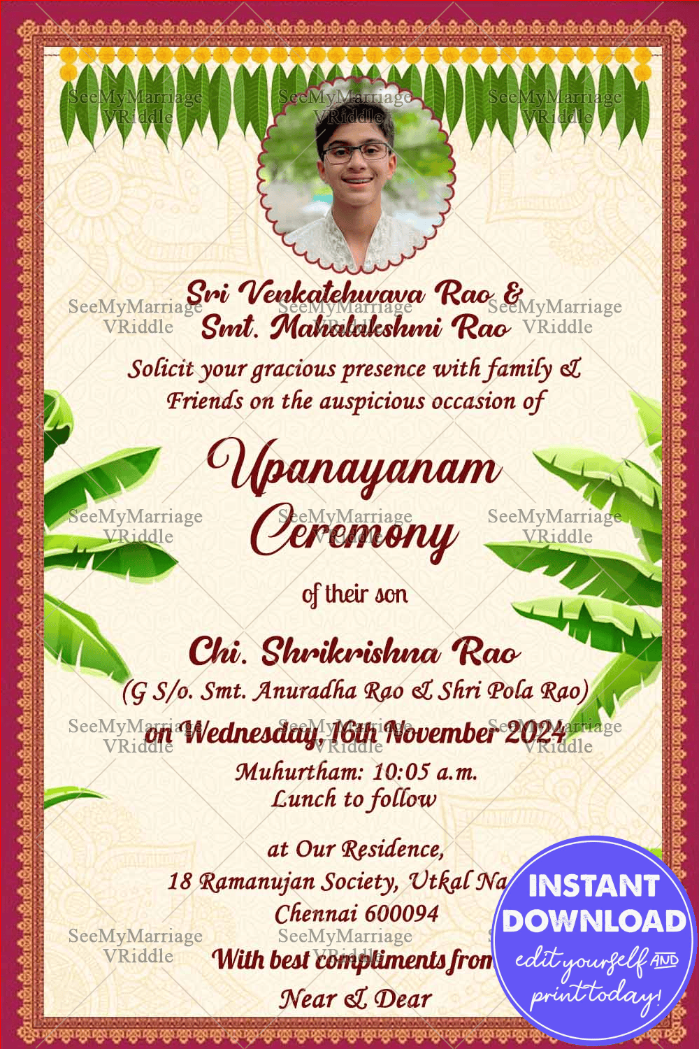 A Traditional Red And White Upanayanam Invitation Card With Gold Border And Image Of The Boy