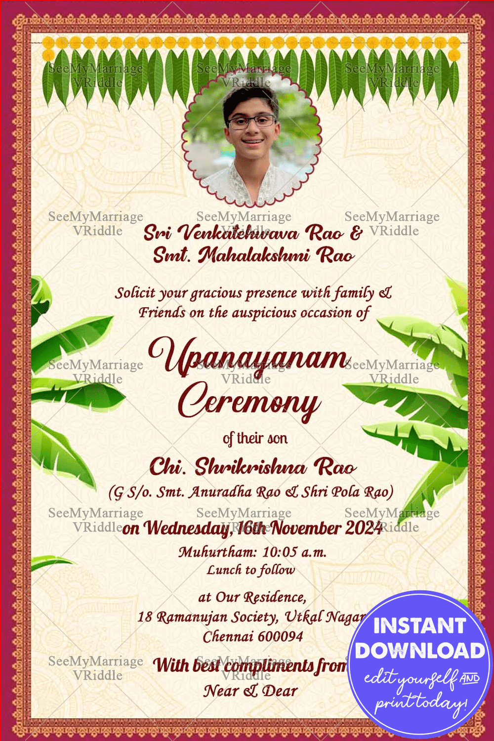 A traditional Invitation card in white theme for a traditional Thread ceremony. The base of the card is white and is surrounded by a thick red border filled with intricate gold design. At the top center is the image of the boy which is customizable to your personal preference.