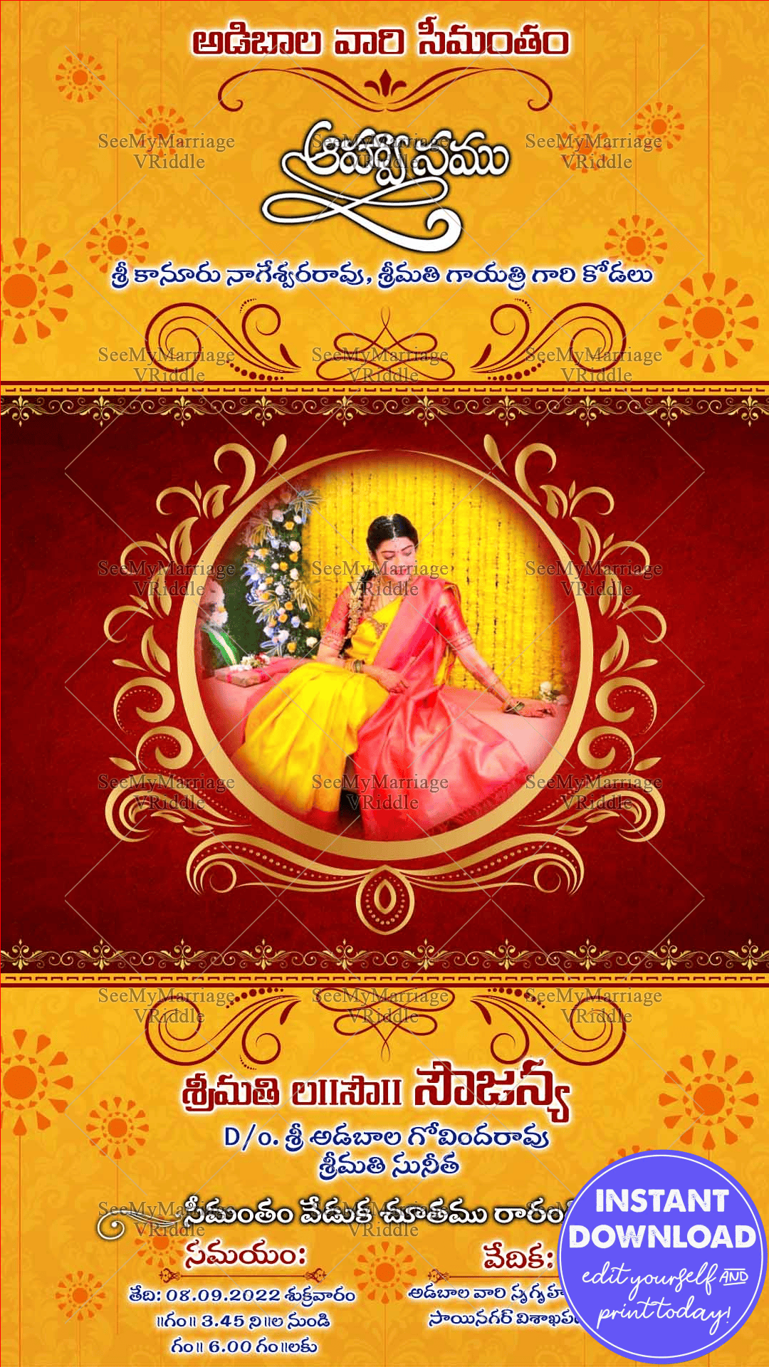 A Traditional Telugu Seemantham Invitation Card In Auspicious Red And Yellow Colour