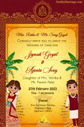 A Traditional Wedding Invitation Card In Auspicious Red And Yellow Color With Cute Cartoony Bride And Groom