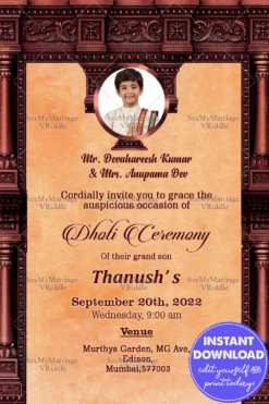 A Vintage Theme Golden Invitation Card for A Traditional Dhoti Ceremony With Photograph