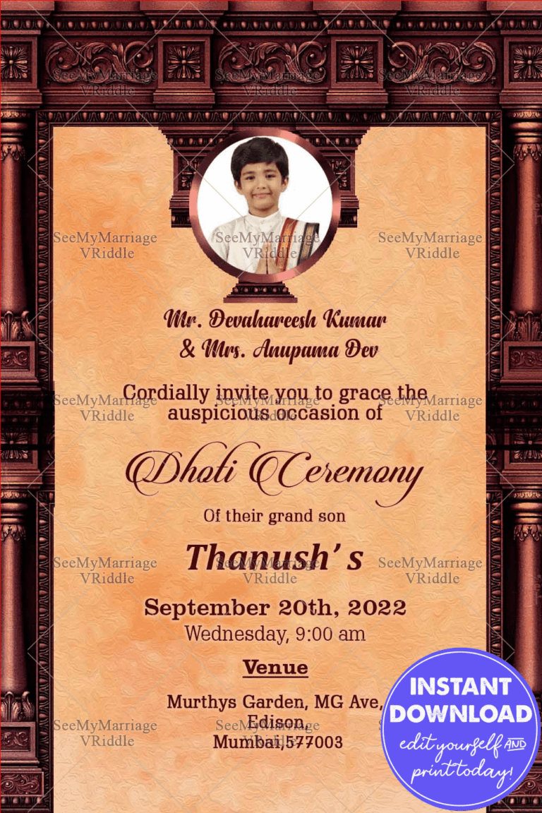 A Vintage Theme Golden Invitation Card for A Traditional Dhoti Ceremony With Photograph