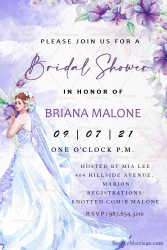 A Vintage Watercolor Style Floral Invitation Card For Bridal Shower In Shades of Lavender And Image Of A Bride