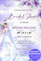 A Vintage Watercolor Style Floral Invitation Card For Bridal Shower In Shades of Lavender And Image Of A Bride