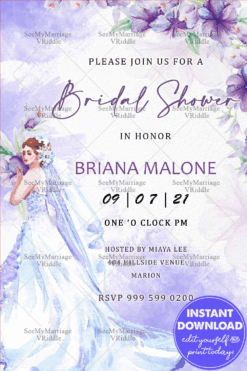 A Vintage Watercolor Style Floral Invitation Card For Bridal Shower In Shades of Lavender And Image Of A Bride