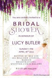 A Whimsical Invitation Card In Floral Theme For Bridal Shower With An Image Of A Bride In Lilac Gown