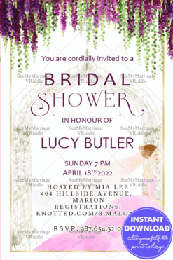 A Whimsical Invitation Card In Floral Theme For Bridal Shower With An Image Of A Bride In Lilac Gown