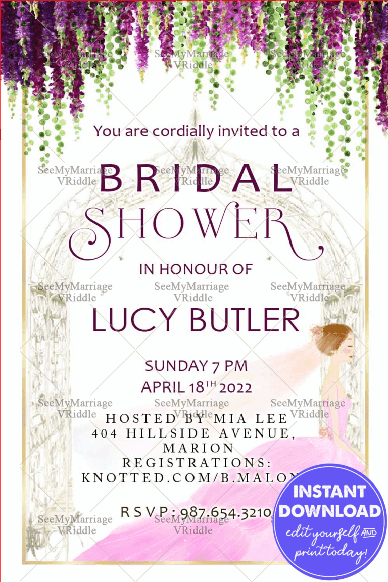 A Whimsical Invitation Card In Floral Theme For Bridal Shower With An Image Of A Bride In Lilac Gown