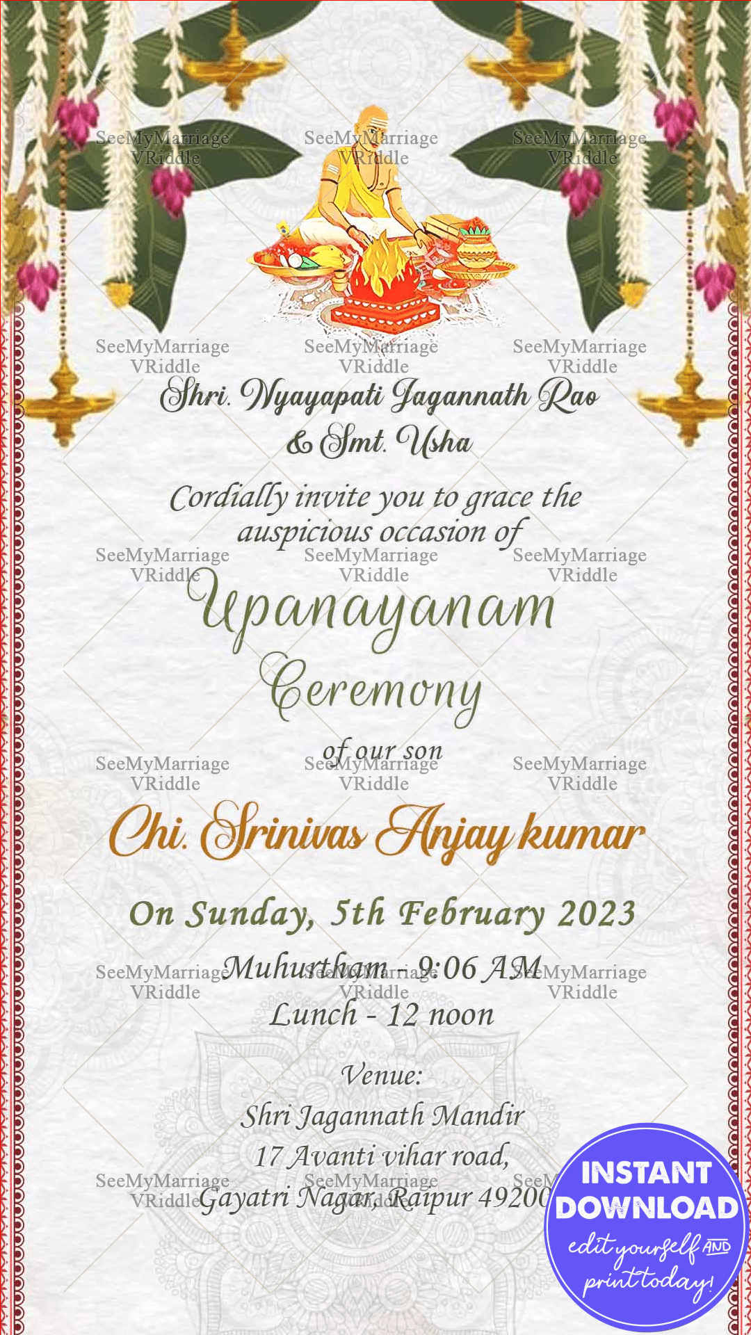 A White Theme invitation Card For Upanayanam Ceremony With Image Of Boy Performing Havan
