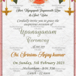A White Theme invitation Card For Upanayanam Ceremony With Image Of Boy Performing Havan
