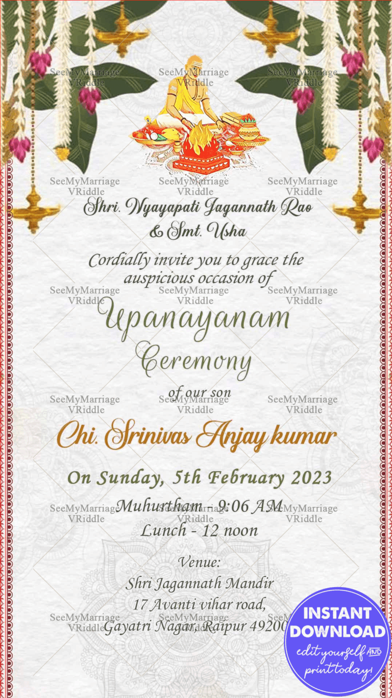 A White Theme invitation Card For Upanayanam Ceremony With Image Of Boy Performing Havan