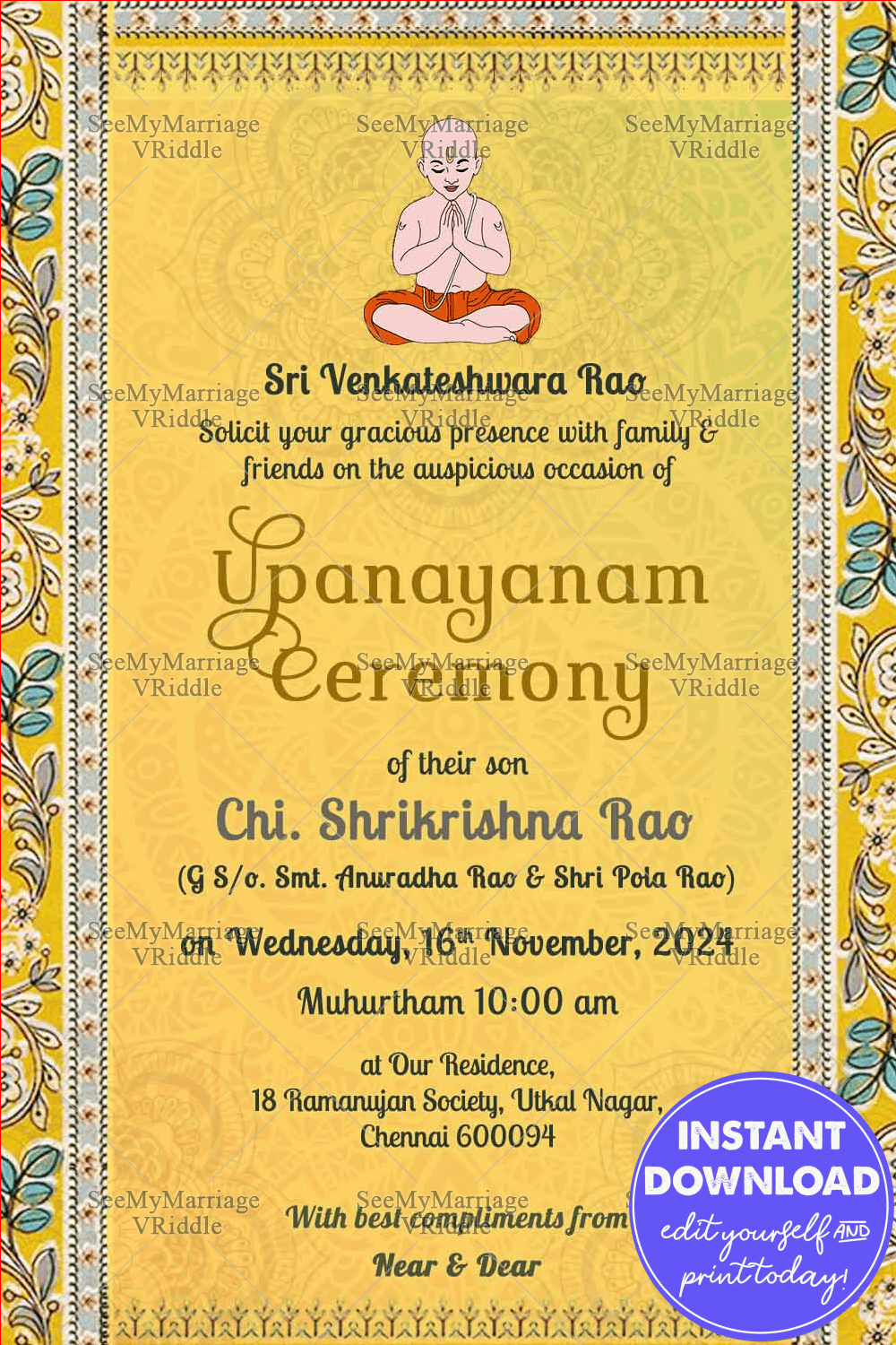 A Yellow Theme Invitation Card For Upanayanam Ceremony With Bright Kalamkari Design Border