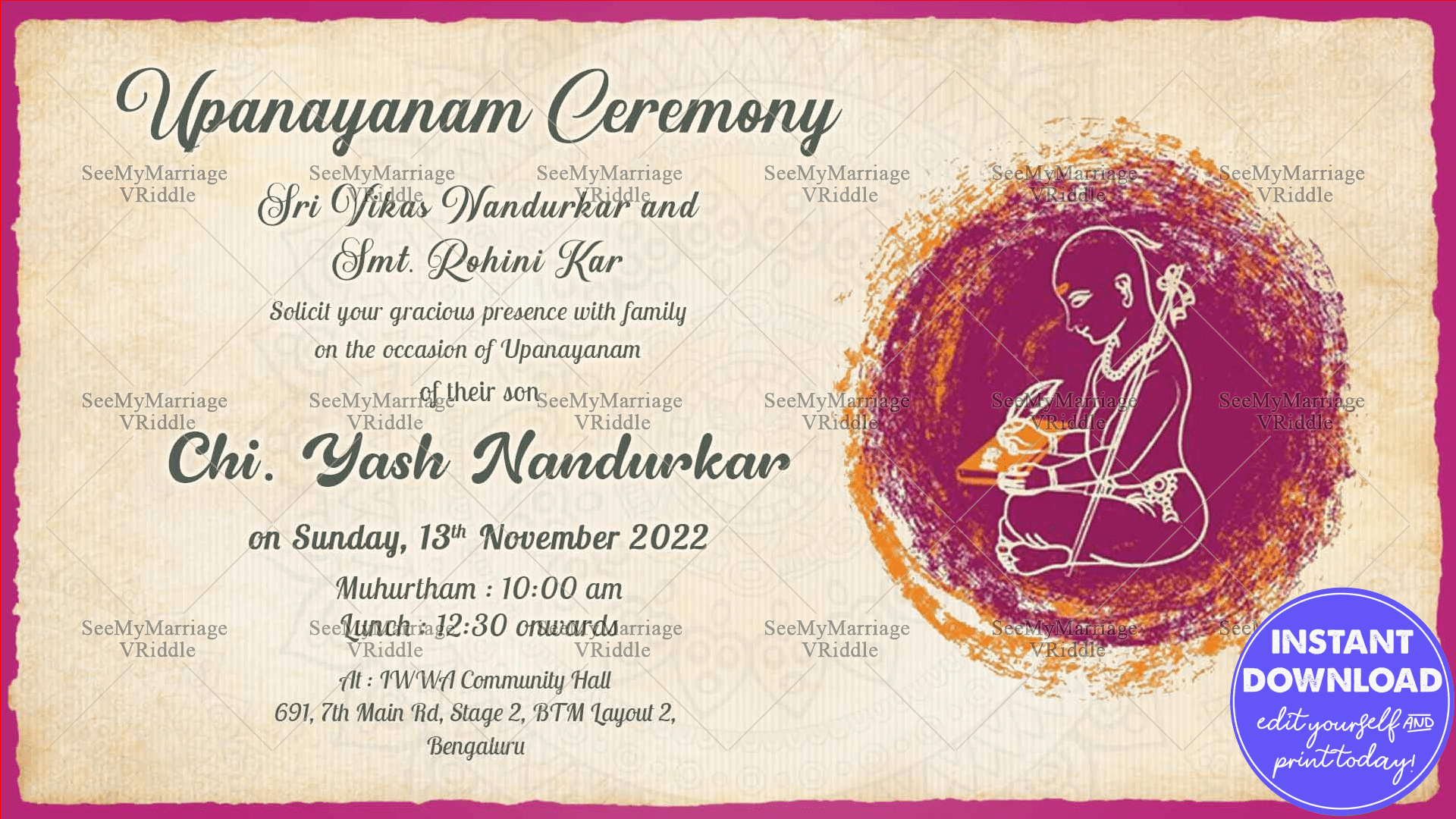 An Elegant And Austere Invitation Card For A Traditional Upanayanam Ceremony In Cream And Magenta Colour