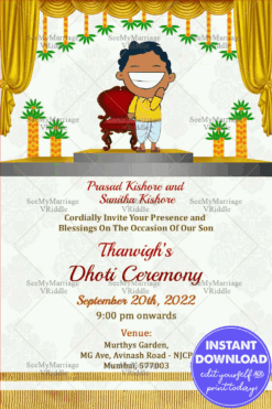 An Endearing And Funky Invitation Card For Dhoti Function With A Toony Boy In A Yellow Shirt Smiling From Ear To Ear