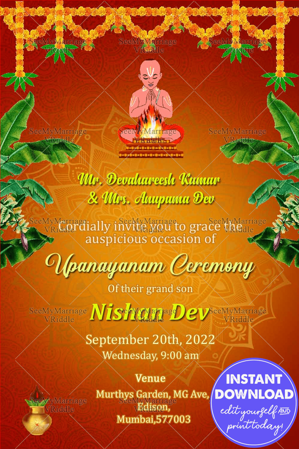 An Orange Theme Traditional Upananyanam Invitation Card With A Boy At The Center Of An Intricately designed Mandala Seeking Knowledge