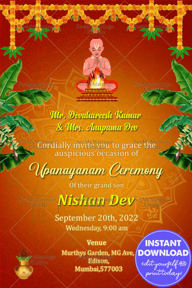 An Orange Theme Traditional Upananyanam Invitation Card With A Boy At The Center Of An Intricately designed Mandala Seeking Knowledge