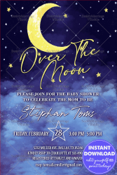 An Over The Moon Theme Baby Shower Invitation Card in Shades of Night Sky Blue