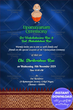Blue Theme Invitation Card For Upanayanam Ceremony With An Endearing Boy In Dhoti