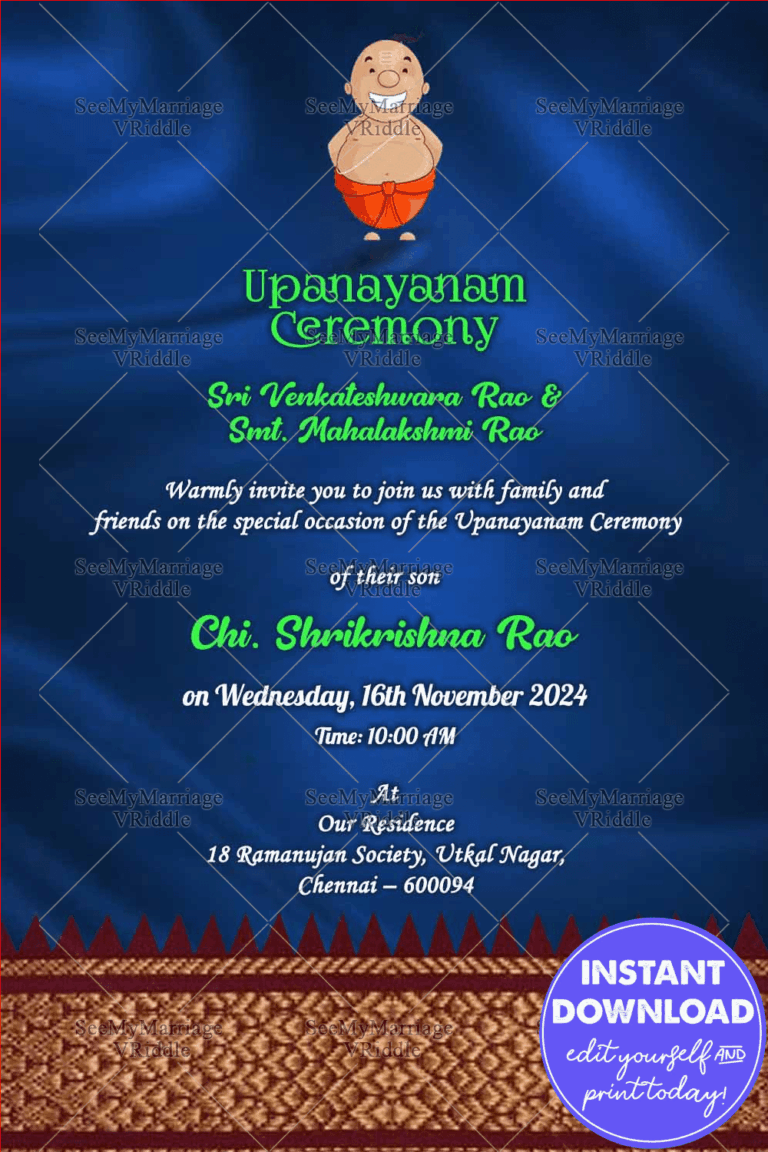 Blue Theme Invitation Card For Upanayanam Ceremony With An Endearing Boy In Dhoti